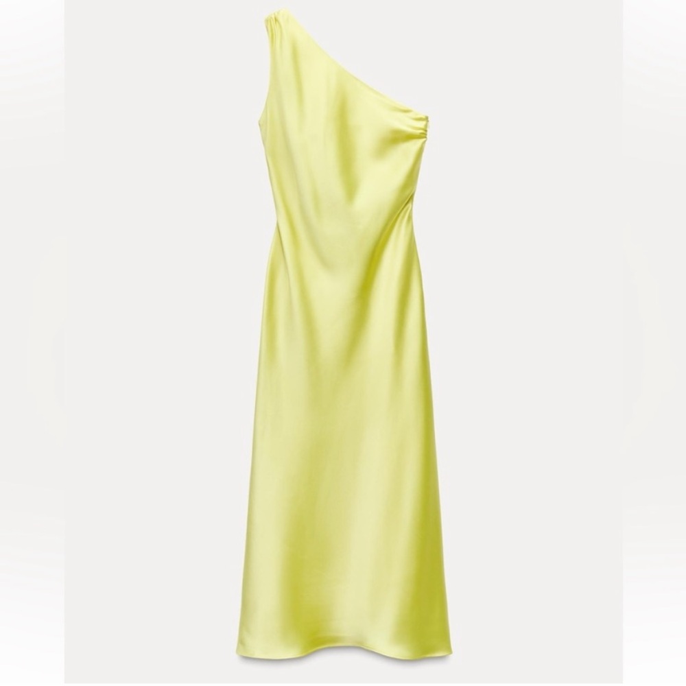 NWT. Zara Yellow Satin Effect Asymmetric Midi Dress. Size M. - Picture 3 of 9